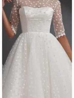 Little White Dresses Boho Wedding Dresses Ball Gown Illusion Neck Half Sleeve Knee Length Lace Bridal Suits Bridal Gowns With Embroidery Appliques