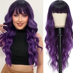 Long Wigs with Bangs for Women Curly Wavy Hair Wigs Heat Resistant Synthetic Fiber Wigs for Daily Party Use