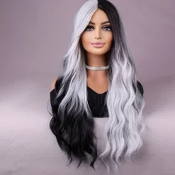 Long Black And White Double Wig A White Wig With Heat Resistant Synthetic Hair In The Middle Part Of A Cosplay Party Wig