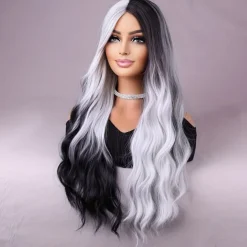 Long Black And White Double Wig A White Wig With Heat Resistant Synthetic Hair In The Middle Part Of A Cosplay Party Wig