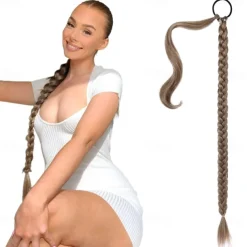Long Braided Ponytail Extension with Hair Tie Straight Wrap Around Hair Extensions Ponytail Natural Soft Synthetic Hair Piece for Women