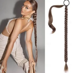 Long Braided Ponytail Extension with Hair Tie Straight Wrap Around Hair Extensions Ponytail Natural Soft Synthetic Hair Piece for Women