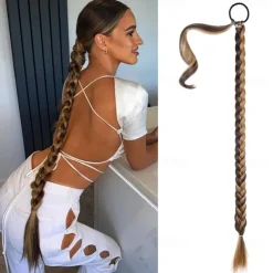 Long Braided Ponytail Extension with Hair Tie Straight Wrap Around Hair Extensions Ponytail Natural Soft Synthetic Hair Piece for Women