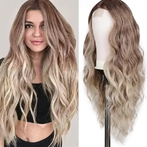 Long Brown Mixed Blonde Wavy Wig for Women 24 Inch Middle Part Curly Wavy Wig Natural Looking Synthetic Heat Resistant Fiber Wig for Daily Party Use Halloween Wigs