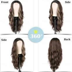 Long Brown Mixed Blonde Wavy Wig for Women 24 Inch Middle Part Curly Wavy Wig Natural Looking Synthetic Heat Resistant Fiber Wig for Daily Party Use Halloween Wigs
