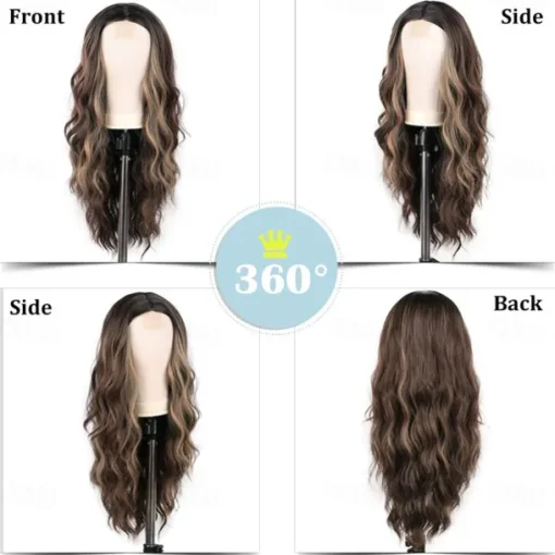 Long Brown Mixed Blonde Wavy Wig for Women 24 Inch Middle Part Curly Wavy Wig Natural Looking Synthetic Heat Resistant Fiber Wig for Daily Party Use Halloween Wigs