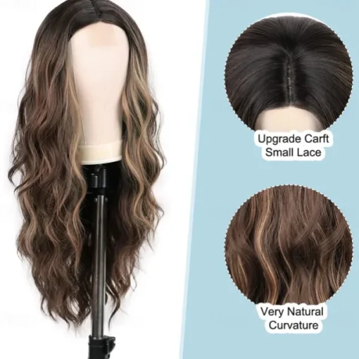 Long Brown Mixed Blonde Wavy Wig for Women 24 Inch Middle Part Curly Wavy Wig Natural Looking Synthetic Heat Resistant Fiber Wig for Daily Party Use Halloween Wigs
