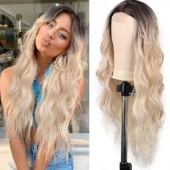 Long Brown Mixed Blonde Wavy Wig for Women 24 Inch Middle Part Curly Wavy Wig Natural Looking Synthetic Heat Resistant Fiber Wig for Daily Party Use Halloween Wigs