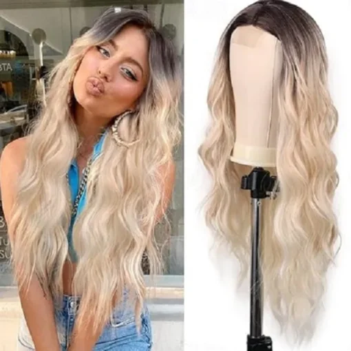 Long Brown Mixed Blonde Wavy Wig for Women 24 Inch Middle Part Curly Wavy Wig Natural Looking Synthetic Heat Resistant Fiber Wig for Daily Party Use Halloween Wigs