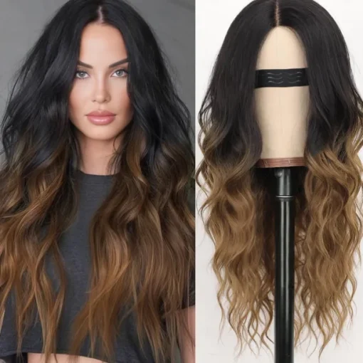 Long Brown Wavy Wig with Highlights Middle Part Curly Wigs Lace Hairline Wigs for Women Ombre Brown Synthetic Heat Resistant Wigs for Daily Part Use