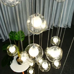 Long Chandeliers for High Ceilings,Modern Crystal Balls Pendant Light,Globe Raindrop Drop Lamp,Hanging Flush Mount Lighting Fixtures for Spiral Staircase,Foyer,Entrywa