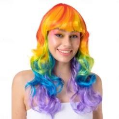 Long Curly Rainbow Wig Fringe Carnival Pride Costume Hair for Women Adults Festival