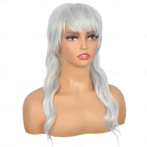 Long Grey Mullet Wig for Women with Bangs 90s 80s Wigs Natural Looking Synthetic Wig With Bangs for Women Wig Halloween Wigs