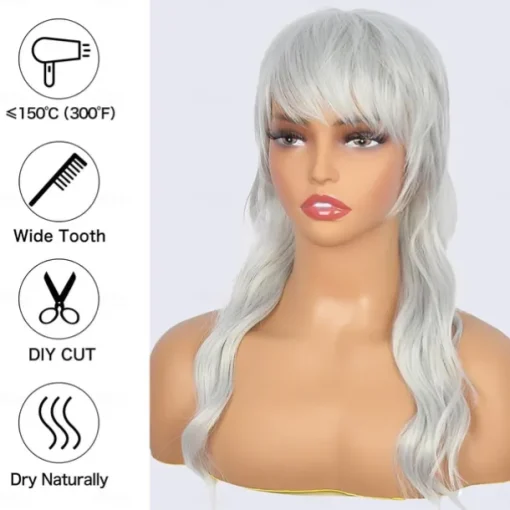 Long Grey Mullet Wig for Women with Bangs 90s 80s Wigs Natural Looking Synthetic Wig With Bangs for Women Wig Halloween Wigs