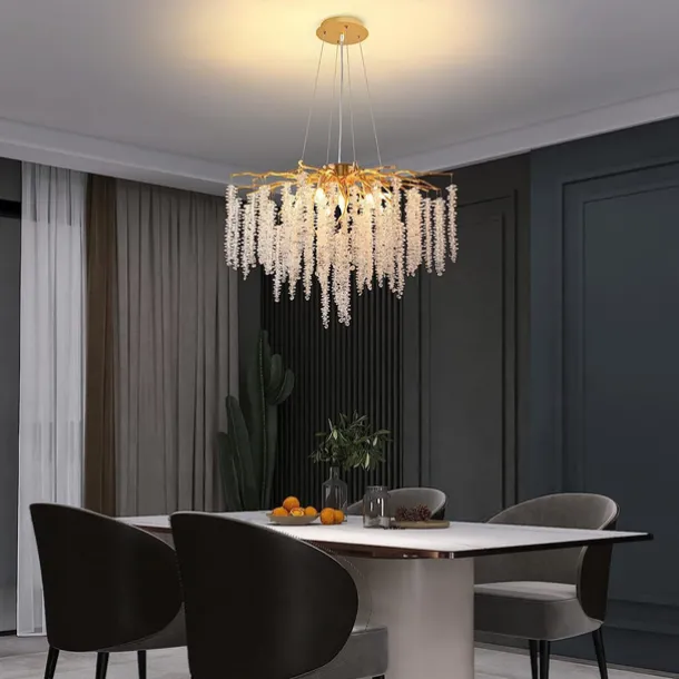Long Hanging Rattan Crystal Chandelier 6 lamps 23.5 in/ 8 lamps 31.2 in G9 Modern Gold Chandelier Lighting Branches Restaurant Chandelier Hanging Lamps AC85-265V