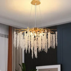 Long Hanging Rattan Crystal Chandelier 6 lamps 23.5 in/ 8 lamps 31.2 in G9 Modern Gold Chandelier Lighting Branches Restaurant Chandelier Hanging Lamps AC85-265V