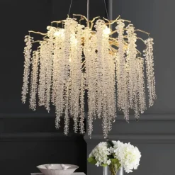 Long Hanging Rattan Crystal Chandelier 6 lamps 23.5 in/ 8 lamps 31.2 in G9 Modern Gold Chandelier Lighting Branches Restaurant Chandelier Hanging Lamps AC85-265V