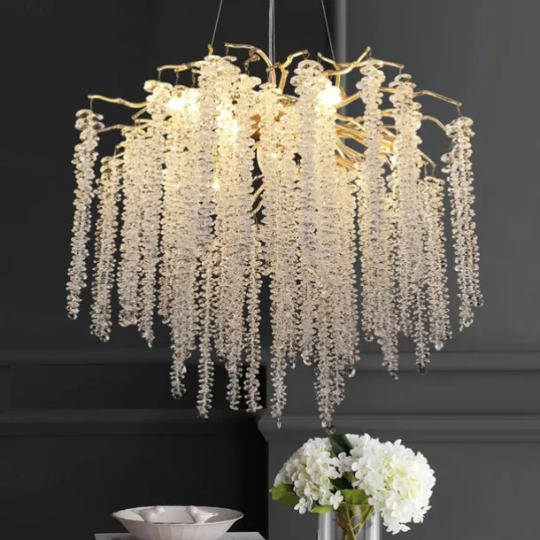 Long Hanging Rattan Crystal Chandelier 6 lamps 23.5 in/ 8 lamps 31.2 in G9 Modern Gold Chandelier Lighting Branches Restaurant Chandelier Hanging Lamps AC85-265V