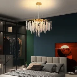 Long Hanging Rattan Crystal Chandelier 6 lamps 23.5 in/ 8 lamps 31.2 in G9 Modern Gold Chandelier Lighting Branches Restaurant Chandelier Hanging Lamps AC85-265V