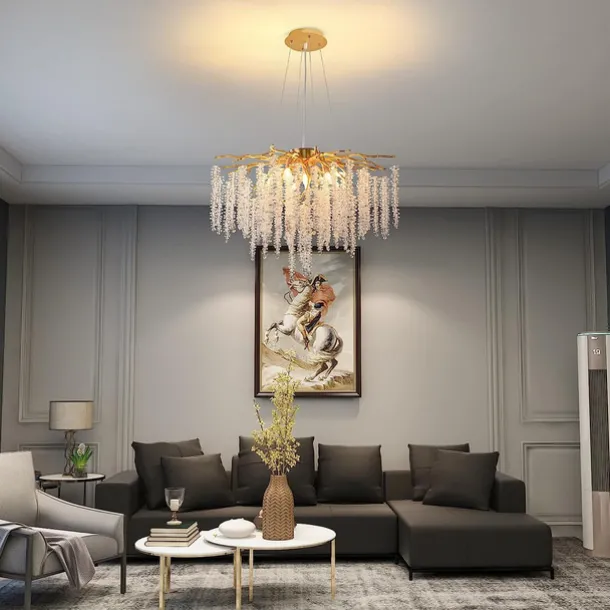 Long Hanging Rattan Crystal Chandelier 6 lamps 23.5 in/ 8 lamps 31.2 in G9 Modern Gold Chandelier Lighting Branches Restaurant Chandelier Hanging Lamps AC85-265V