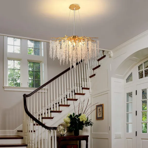 Long Hanging Rattan Crystal Chandelier 6 lamps 23.5 in/ 8 lamps 31.2 in G9 Modern Gold Chandelier Lighting Branches Restaurant Chandelier Hanging Lamps AC85-265V