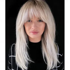 Long Layered Wigs Flattering Hairstyle Wigs Shiny Blonde Wigs with Deep Roots Wigs for Caucasian Women For Daily Party Christmas Party Wigs
