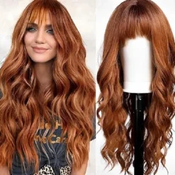 Long Pink Wavy Wigs for Women Wig with Bangs Natural Curly Synthetic Wig for Party Cosplay Daily Use