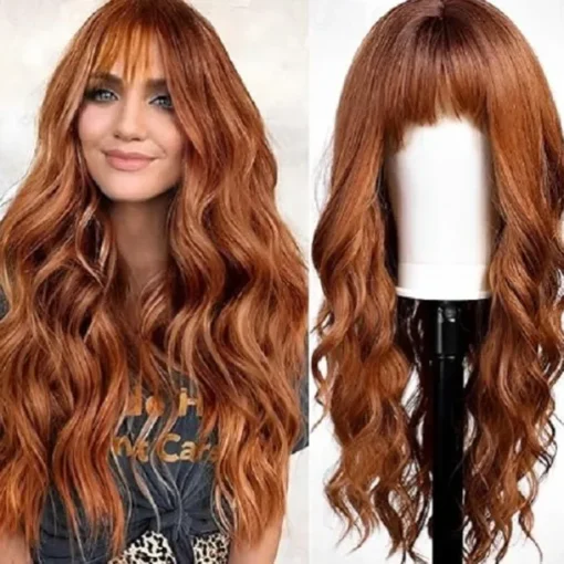 Long Pink Wavy Wigs for Women Wig with Bangs Natural Curly Synthetic Wig for Party Cosplay Daily Use