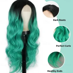 Long Wavy Wig for Women Ombre Green Middle Part Wigs Teal Wigs Long Curly Synthetic Heat Resistant Hair with Natural Hairline for Cosplay Party Everyday Use St.Patrick's Day Wigs
