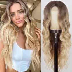 Long Wavy Wig Ombre blonde wig Middle Part Curly Wavy Hair for Women 24 Inch Long Blonde Wig Natural Looking Heat Resistant Hair for Girls Daily Party Use