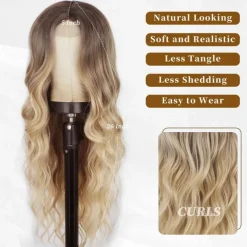 Long Wavy Wig Ombre blonde wig Middle Part Curly Wavy Hair for Women 24 Inch Long Blonde Wig Natural Looking Heat Resistant Hair for Girls Daily Party Use