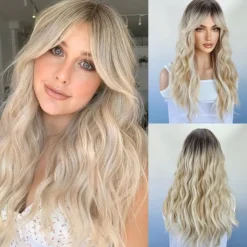 Long Wavy Wigs With Curtain Bangs For Women Synthetic Curly Wig Heat Resistant Fiber Wigs For Daily Cosplay