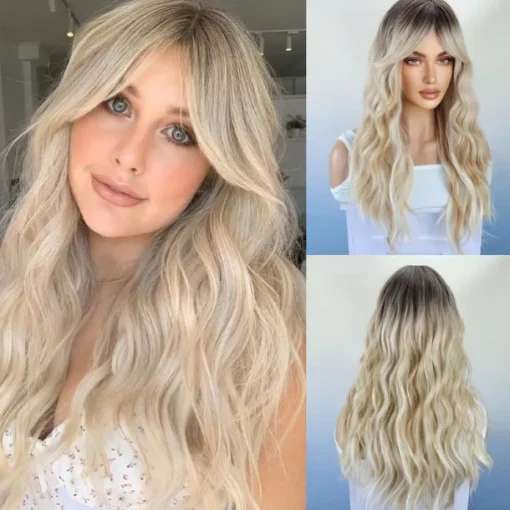 Long Wavy Wigs With Curtain Bangs For Women Synthetic Curly Wig Heat Resistant Fiber Wigs For Daily Cosplay