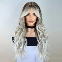 Long Wavy Wigs With Curtain Bangs For Women Synthetic Curly Wig Heat Resistant Fiber Wigs For Daily Cosplay