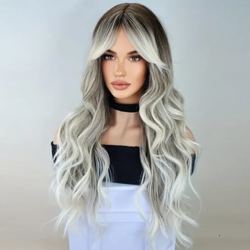 Long Wavy Wigs With Curtain Bangs For Women Synthetic Curly Wig Heat Resistant Fiber Wigs For Daily Cosplay