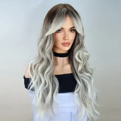 Long Wavy Wigs With Curtain Bangs For Women Synthetic Curly Wig Heat Resistant Fiber Wigs For Daily Cosplay