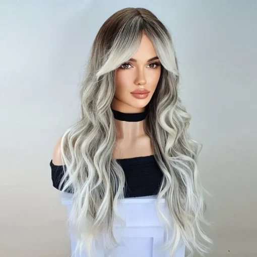 Long Wavy Wigs With Curtain Bangs For Women Synthetic Curly Wig Heat Resistant Fiber Wigs For Daily Cosplay