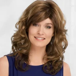 Long Wig with Swept Bangs and Bouncy Curls / Multi-Tonal Shades of Blonde Silver Brown and Red