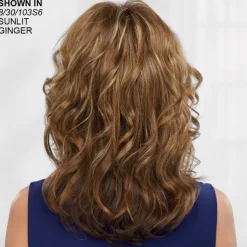 Long Wig with Swept Bangs and Bouncy Curls / Multi-Tonal Shades of Blonde Silver Brown and Red