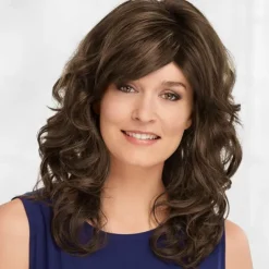 Long Wig with Swept Bangs and Bouncy Curls / Multi-Tonal Shades of Blonde Silver Brown and Red