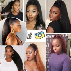 Long Yaki Straight Drawstring Pony Tail Hair Attachments for Women Black Kinky Straight Up Down Ponytail Bun Extension 20 inch Clip in