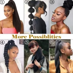 Long Yaki Straight Drawstring Pony Tail Hair Attachments for Women Black Kinky Straight Up Down Ponytail Bun Extension 20 inch Clip in