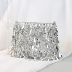 Luxurious Black Evening Clutch with Sparkling Crystal Fringe and Beaded Detail - Perfect for Formal Occasions