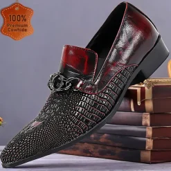 Luxurious Men's Red Leather Dress Loafers with Textured Detail and Chain Buckle