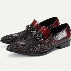 Luxurious Men's Red Leather Dress Loafers with Textured Detail and Chain Buckle
