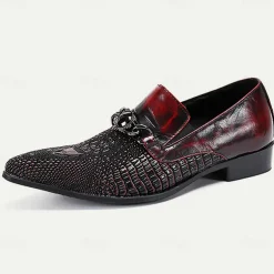 Luxurious Men's Red Leather Dress Loafers with Textured Detail and Chain Buckle
