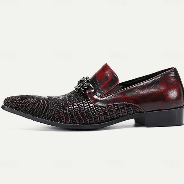 Luxurious Men's Red Leather Dress Loafers with Textured Detail and Chain Buckle