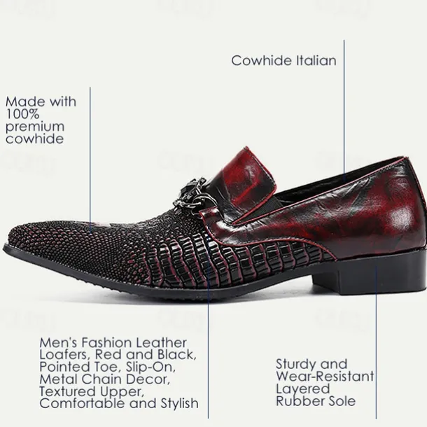 Luxurious Men's Red Leather Dress Loafers with Textured Detail and Chain Buckle
