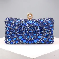 Luxury Blue Crystal Clutch Bag – Elegant Evening Purse with Pearl Clasp for Women, Rhinestone Embellished Handbag for Weddings, Parties, and Formal Events