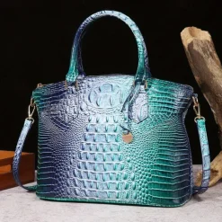 Luxury Metallic Crocodile Embossed Handbag – Shiny Blue and Green Faux Leather Tote with Top Handle and Shoulder Strap for Women, Perfect for Parties and Special Events